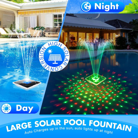 Upgraded Solar Fountain With Killer Light Show For Pools, large square floating pool fountain with anchor in daylight and at night