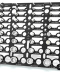 Bolt thread checker gauge board; black metal wall-mount panel with numerous silver bolts and metric/standard sizes