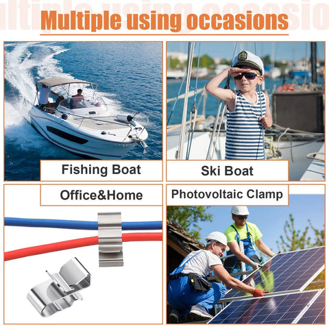Multiple uses of Tough As Nails Stainless Steel Trailer Frame Wire Clips Heavy Duty Cable Clamps in various settings.