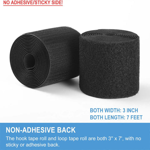 Heavy Duty Sew On Hook And Loop Strips 3 Inch By 7 Foot Non Adhesive Roll showing two black rolls with no sticky side