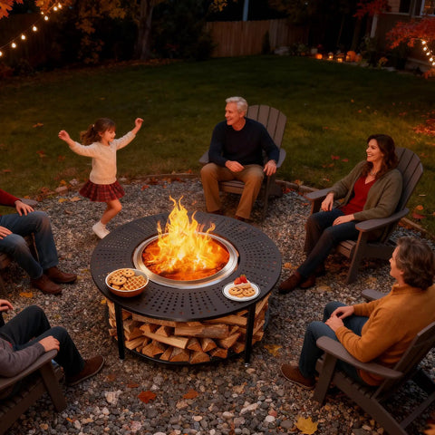 Group enjoying a campfire with a 40-Inch Compact Fire Pit Surround Tabletop For Solo Stove Ranger And Tiki 20-Inch Pits, snacks on top.