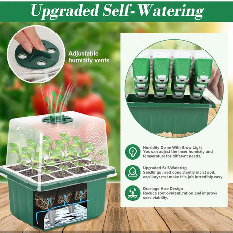 4 Pack Self Watering Seed Starter Trays With Grow Light Kit showing adjustable humidity domes and silicone base for homegrown plants.