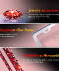 Illustration highlighting features: jewelry rhinestone, aluminum alloy frame, exquisite craftsmanship of Red Rhinestone License Plate Frame Sparkly Bedazzled Stainless Steel Holder Fits Standard 12.25 By 6.25 Inch Plates For US And Canada Durable Car Decor