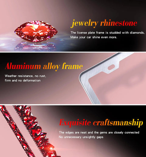 Illustration highlighting features: jewelry rhinestone, aluminum alloy frame, exquisite craftsmanship of Red Rhinestone License Plate Frame Sparkly Bedazzled Stainless Steel Holder Fits Standard 12.25 By 6.25 Inch Plates For US And Canada Durable Car Decor