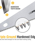 Close-up of aggressive tooth design on 15 Inch Hand Saw With 7 TPI For Wood Cutting, Ergonomic No Slip Rubber Grip, Beast For Sawing.