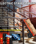 Camini 1200W Electric Stair Climbing Hand Truck Dolly With 880 Lb Heavy Load Capacity For Moving Appliances Furniture And Warehouse Goods Efficiently Reduces Manual Strain Power on stairs with boxes.