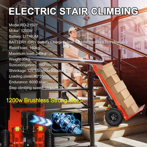 Camini 1200W Electric Stair Climbing Hand Truck Dolly With 880 Lb Heavy Load Capacity For Moving Appliances Furniture And Warehouse Goods Efficiently Reduces Manual Strain Power on stairs with boxes.