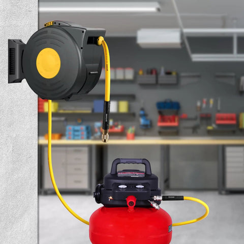 Garage setup with Three Eighth Inch Lead In Air Hose Six Feet Long With One Quarter NPT Quick Coupler And Plug 300 PSI Yellow Whip