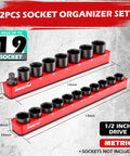 Two Piece Half Inch Drive Metric Magnetic Socket Organizer Set Holds Nineteen Sockets With Detachable Tool Tray And 5mm Magnetic Base Built Tough For Garage And Home Workshop displayed on concrete surface