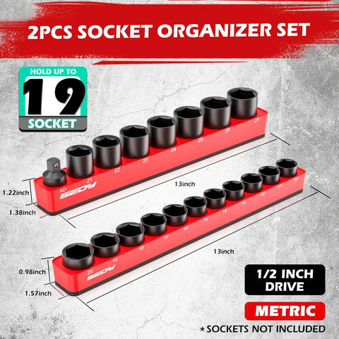Two Piece Half Inch Drive Metric Magnetic Socket Organizer Set Holds Nineteen Sockets With Detachable Tool Tray And 5mm Magnetic Base Built Tough For Garage And Home Workshop displayed on concrete surface