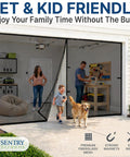 Two Car Garage Door Screen With Retractable Fiberglass Mesh Weatherproof Magnetic Closure Weighted Bottom Easy No Tools Install Tie Back Design 7 Ft High By 16 Ft Wide, installed in open garage, man and child visible