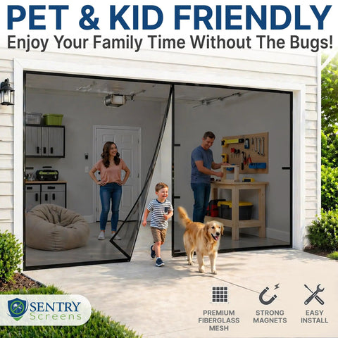 Two Car Garage Door Screen With Retractable Fiberglass Mesh Weatherproof Magnetic Closure Weighted Bottom Easy No Tools Install Tie Back Design 7 Ft High By 16 Ft Wide, installed in open garage, man and child visible