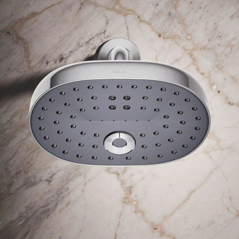 Overhead view of Statement Three Function Showerhead With Katalyst Air Induction For Big Drops And Power, polished chrome finish.