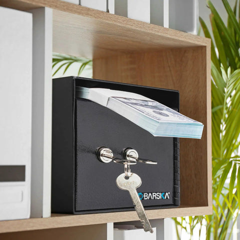 Double Key Lock Depository Safe With Drop Slot For Cash And Valuables, Steel Construction in black finish on shelf