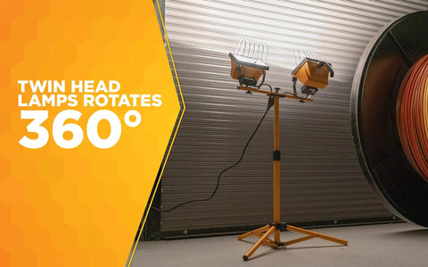 Twin 500 Watt Portable Halogen Work Light With Telescoping Stand Up To 42 Inches 360 Degree Head Rotation in a workshop setting