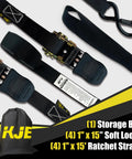 Four Pack Heavy Duty Black Ratchet Straps One Inch By Fifteen Feet with smooth TPR handles, soft loops, and a storage bag.