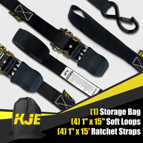 Four Pack Heavy Duty Black Ratchet Straps One Inch By Fifteen Feet with smooth TPR handles, soft loops, and a storage bag.