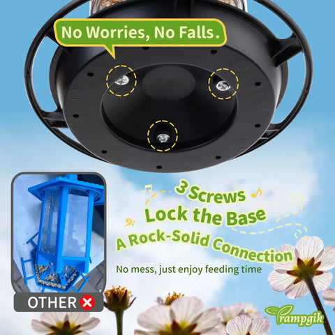 Illustration highlighting features of the Retractable Outdoor Bird Feeder Set with Metal Hanger, snap-lock install, durable black finish.