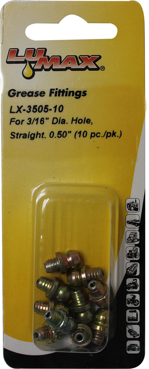 Front view of LUMAX LX-3505-10 grease fittings package; straight 0.50 in long for 3/16 in hole, 10 pcs