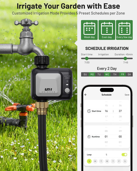 Smart WiFi Sprinkler Timer With Rain Delay, Auto And Manual Modes, Outdoor Hose Irrigation Controller For Patios, Lawns And Gardens