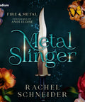 Audible book cover for Metal Slinger: Fire & Metal, Book 1, with teal title over a dagger and floral border.