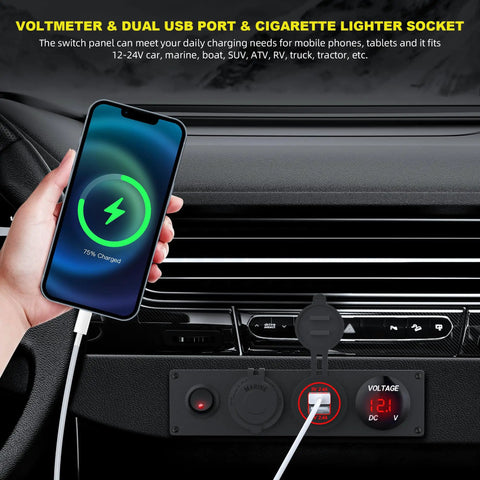 4 In 1 12V USB Panel With LED Voltmeter, Dual USB Charger Socket, Cigarette Lighter Socket, And Red LED Lighted Toggle Switch For Boat, Car, RV, Golf Cart, And ATV Power Hub For All Your Onboard Electronics And Lighting Needs. mounted in car dash with phone charging