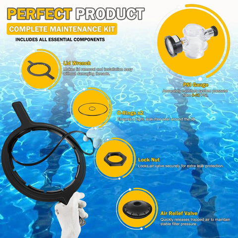 Eight Point Five Inch Black Buttress Thread Closure Kit Leak Free Replacement For Triton II TR100 TR140 TR100C TR140C And Triton C Three Pool And Spa Sand Filters Includes Air Relief Valve PSI Gauge Lid Wrench And O Rings with lock nut and lid wrench