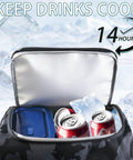 Open cooler section of Heavy Duty Fishing Tackle Backpack With Rod Holders And 45L Large Capacity Gear Bag For Fishing Camping And Hiking In Camouflage 900D Polyester For All Weather with soda cans inside.