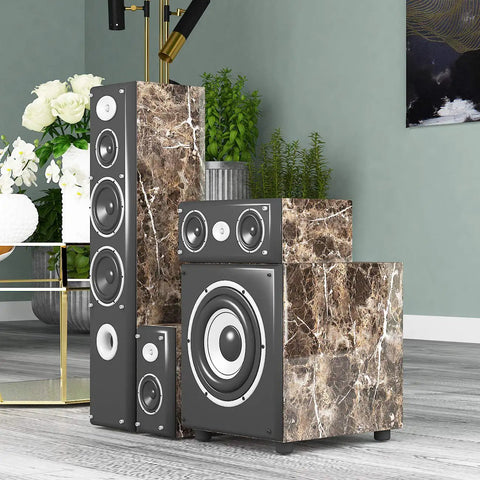 Home audio speakers with marble texture in living room, resembling extra wide dark brown contact paper for countertops.