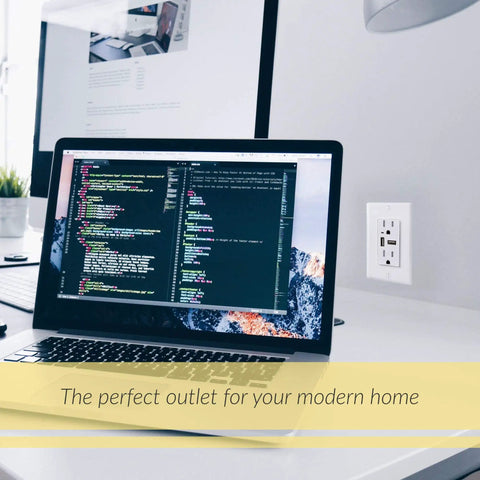 Laptop on desk near 10 Pack 4.6A USB Outlet High Speed Charger With Tamper Resistant Receptacle, 2 Outlets And 2 USB Ports On Wall Plate, Compatible With iPhone iPad Android Samsung Devices, White installed on wall