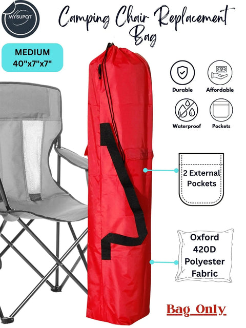 Replacement Bag For Folding Camping Chair 40x7x7 Inch 420D Oxford Polyester, red, with side pockets and features icons.