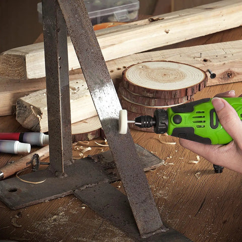 Straight Up Powerhouse 12V Cordless Rotary Tool With Keyless Chuck And Flex Shaft in use for metal polishing on a workshop surface.