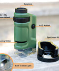 LED Lighted Pocket Microscope With 20x To 40x Zoom For Clear Close Ups Ultra Portable 2 Ounce Handheld Scope Includes Two Slides And Base Stand Compact 3.9 By 2.1 By 1.1 Inch Body Great For Students Hobbyists Science Buffs And On The Go Field Work, green handheld microscope with eyepiece, LED button, focus slider and stand