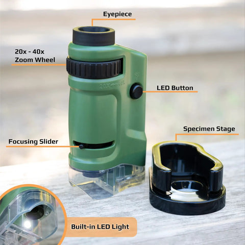 LED Lighted Pocket Microscope With 20x To 40x Zoom For Clear Close Ups Ultra Portable 2 Ounce Handheld Scope Includes Two Slides And Base Stand Compact 3.9 By 2.1 By 1.1 Inch Body Great For Students Hobbyists Science Buffs And On The Go Field Work, green handheld microscope with eyepiece, LED button, focus slider and stand