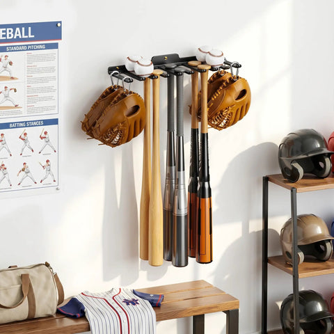 Beast Wall Mounted Home Gym Rack with baseball bats, gloves, and balls organized neatly on a wall, showcasing storage capacity.