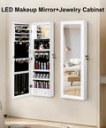 Full-Length Mirror Jewelry Cabinet With LED Interior Lights, Wall Or Door Mounted Armoire shown open, revealing storage