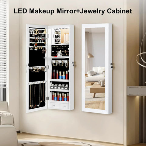 Full-Length Mirror Jewelry Cabinet With LED Interior Lights, Wall Or Door Mounted Armoire shown open, revealing storage