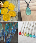 Sea glass jewelry collage: yellow chips, green teardrop pendant, blue fish-shaped glass, multicolor teardrop pendants.