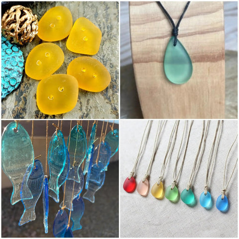 Collage of colorful sea glass pieces and pendants, used with Diamond Drill Bit Set Pro Grade 1mm 1.5mm 2mm 2.5mm For Dremel Rotary Tool.