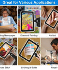 Collage showing 5X Full Page Magnifier With Light And Stand for Reading, crafting, nail art, cross stitch, looking at bottle, repair.