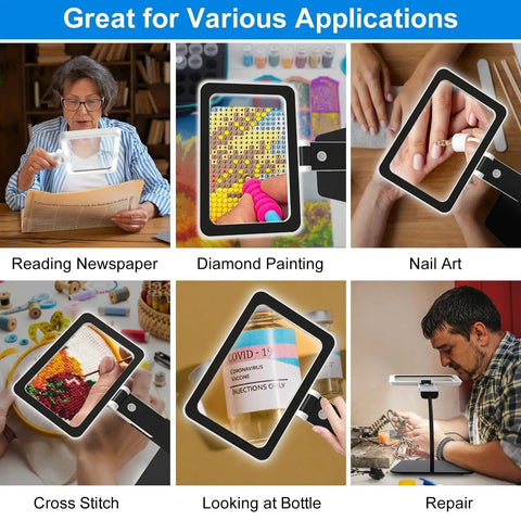Collage showing 5X Full Page Magnifier With Light And Stand for Reading, crafting, nail art, cross stitch, looking at bottle, repair.