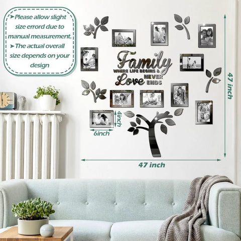 Tree Wall Decal Set With Acrylic 3D Mirror Panels And Photo Frames in living room, black 47 by 47 inches, modern home decor.