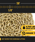 Heavy Duty Grade 70 Transport Chain 550 Foot Bulk Drum with 5/16 Inch Steel Links coiled, 4700 Pounds capacity for securing cargo.