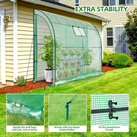 Lean-To Garden Greenhouse With 3-Tier Shelves, Walk-In Wall Mounted Design, Mesh Windows, Two Roll-Up Zipper Doors, Large 79 By 39 By 83 Inch Outdoor Greenhouse, Reinforced Frame For Outdoor Ready