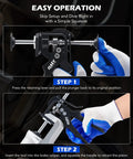 Speedy Brake Caliper Compressor For Quick Pad Replacement being operated with gloved hands in a step-by-step demonstration.