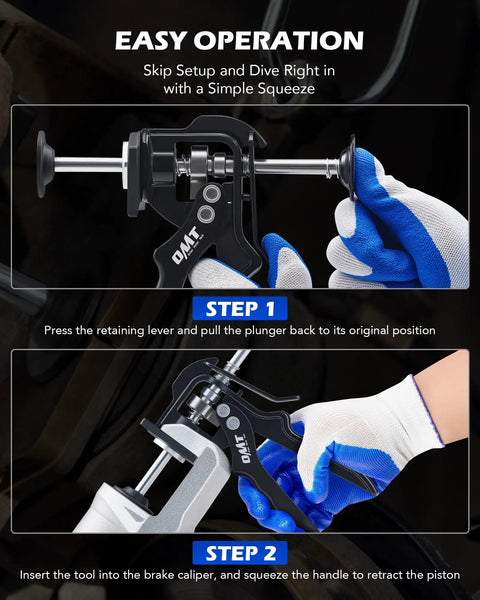 Speedy Brake Caliper Compressor For Quick Pad Replacement being operated with gloved hands in a step-by-step demonstration.
