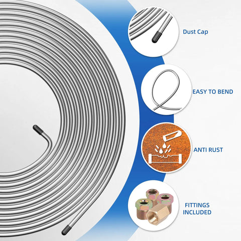 Garage Ready Heavy-Duty Zinc Coated Brake Line Tubing Kit with features like dust cap, anti rust, fittings included on display