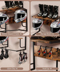 Wall Mounted Motorcycle Helmet Rack With Four Hooks And Glove Clips, Rustic Industrial Gear Holder shown with helmets and gloves