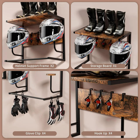 Wall Mounted Motorcycle Helmet Rack With Four Hooks And Glove Clips, Rustic Industrial Gear Holder shown with helmets and gloves