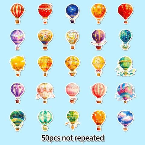 50 Piece Hot Air Balloon Sticker Pack For Teens And Creative Vibes Waterproof Vinyl Balloons Stickers Set For Laptops Journaling Water Bottles Notebooks Classrooms And Dope DIY Decor showing colorful designs